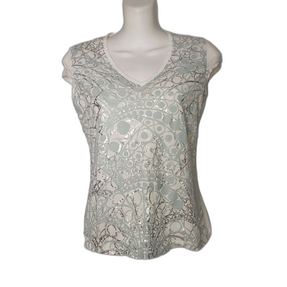 TAHARI White Sleeveless V Neck Top Blue and Silver Foil Print Size Small